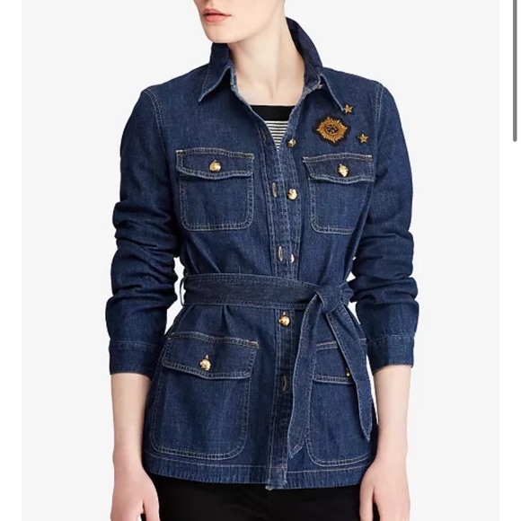 Lauren Ralph Lauren Dark Blue Wash Belted Denim Jacket Embroidered Patches 2 - Picture 7 of 9